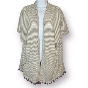 Main Strip Stripe Waffle Cardigan Tassel Hem Open M